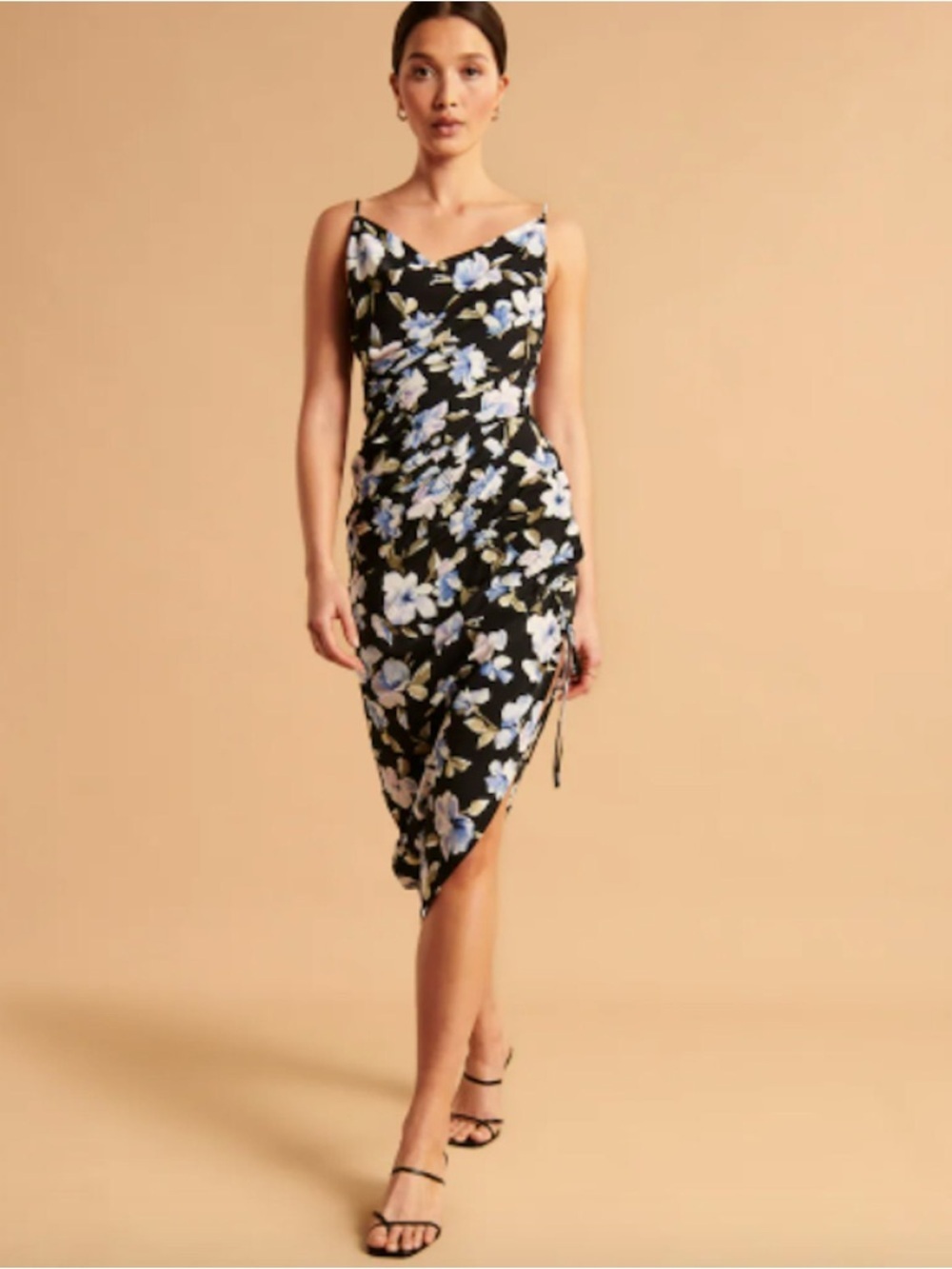 Abercrombie & Fitch Asymmetrical Cinched Midi Dress in Black Floral Print